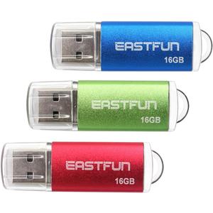 EASTFUN Pack of 3 16GB USB 2.0 Flash Drive Memory Stick Thumb Drive Thumb Stick Jump Drive Zip Drive Pen Drive, with LED Indicator,3 Pcs Colors: Red/Green/Blue