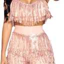 Tbahhir Women's Fringe Sequin 2 Piece Outfit Set Sexy Flowy Tassel Crop Top Shiny Mini Shorts Pants Clubwear (Large, Gold)
