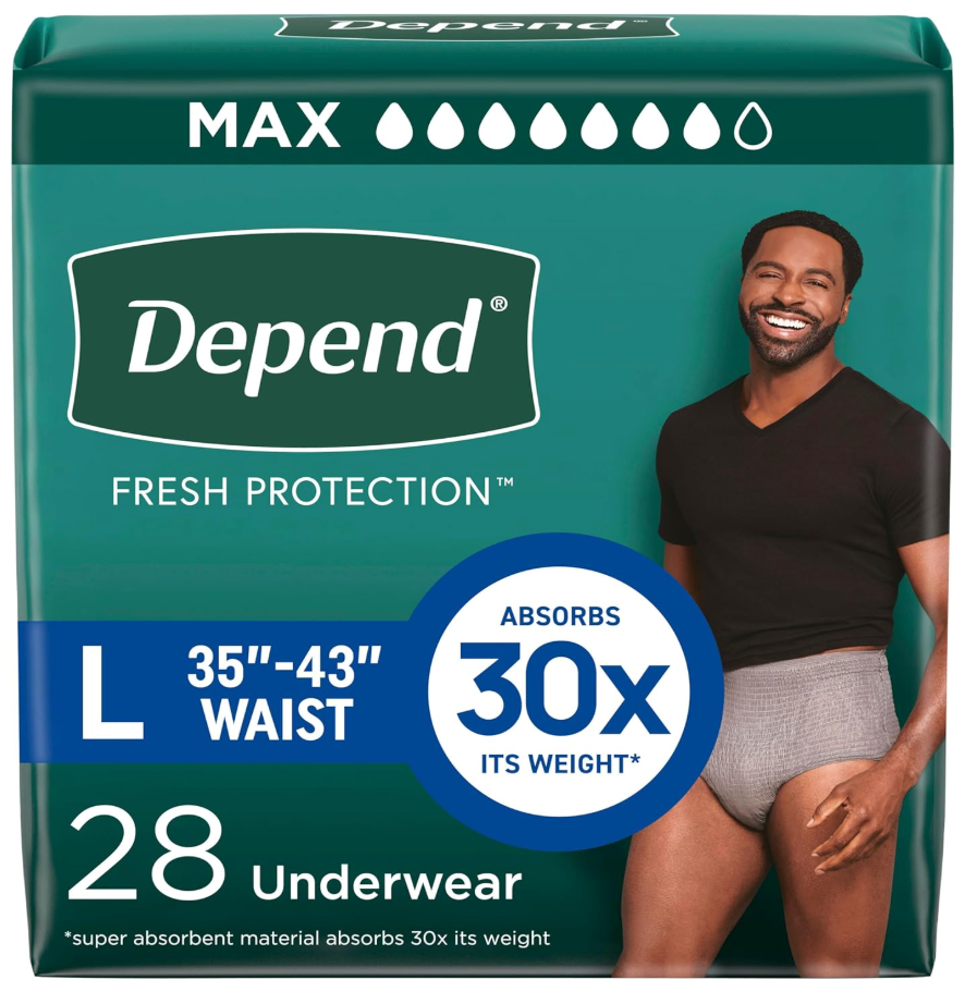 Depend Fresh Protection Adult Diapers, Incontinence Underwear for Men, Disposable, Maximum, Large, Grey, 28 Count