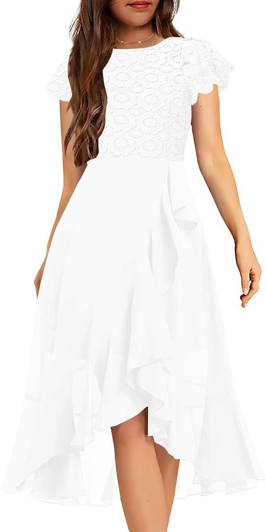 HOSIKA Girls Vintage Lace Chiffon Ruffle Sleeve A-Line Wedding Party Junior Bridesmaid Dress for Kids, White 12 Years