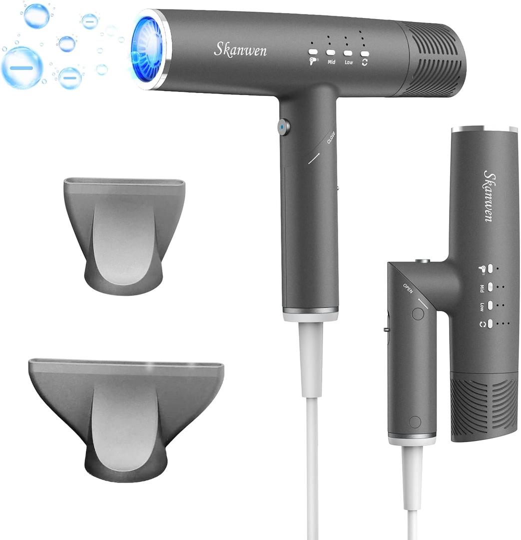 Ionic Hair Dryer with Folding Handle, 110,000 RPM High-Speed Professional Blow Dryer | Fast Drying, Low Noise, Lightweight Design, Perfect for Home and Travel, Dark Gray