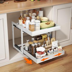 Golener Pull Out Cabinet Organizer - 2-Tier Slide Out Expandable Drawers for Kitchen Cabinets, Bathroom Organizers and Storage, Under Sink Organizer for Kitchen Storage Organization, White Metal Frame