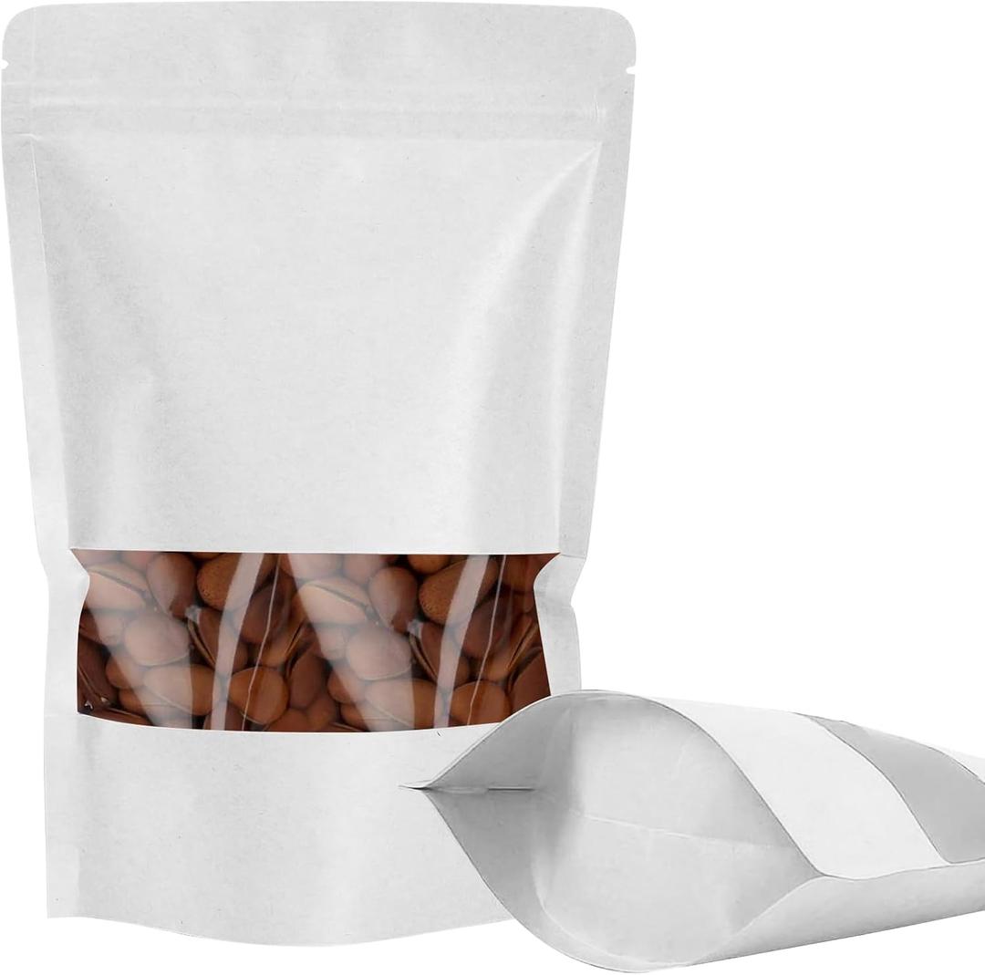 100 PCS Kraft Paper Bags, Resealable Food Packaging Bags with Window, Zipper Stand Up Reusable Heat Sealable Bag for Small Business, Foods (5.9x8.7+3 inch)