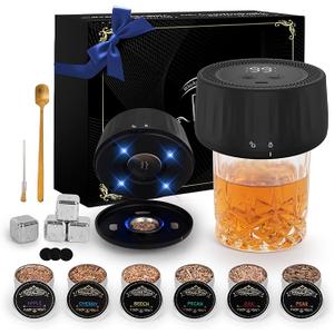 Electric Whiskey Smoker Kit, CHERRYQUEEN Old Fashioned Smoker Kit, Builtin Lighter & Ambient Light, 4 Reusable Ice Cubes 6 Wood Chips, Gifts for Men Dad Husband Whiskey Lovers (Birthday/Christmas)