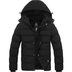 Wantdo Men's Hooded Winter Coat Warm Puffer Jacket Thicken Cotton Coat with Removable Hood (Large, Black)