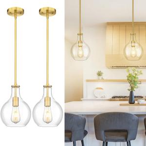 Emak Brushed Gold Pendant Light Fixtures, Modern Glass Pendant Lights Kitchen Island, 2 Pack 8 Inch Hanging Lights for Kitchen, Bathroom, Bedroom, Dining Room, PL125-BGD-2PK