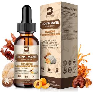 Lions Mane Mushroom Liquid Drops, 8 in 1 Mushroom Complex Supplement with Irish Sea Moss, Chaga, Turkey Tail, Cordyceps & More for Brain, Focus, Cognitive & Immune Support, Vegan, Peach Flavor, 60mL