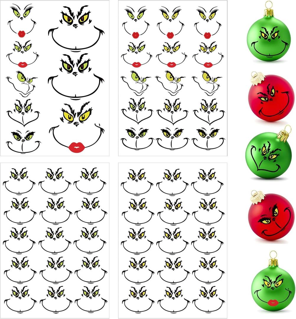 4Pack 53 Pcs Christmas Face Stickers for Crafts Ornaments Large 5 Inch Small 3 Inch Vinyl Faces Eyes Pitcher Transparent Decals for Glass Drinking Cups Wood Decorations Balls Party Supplies (Face53)