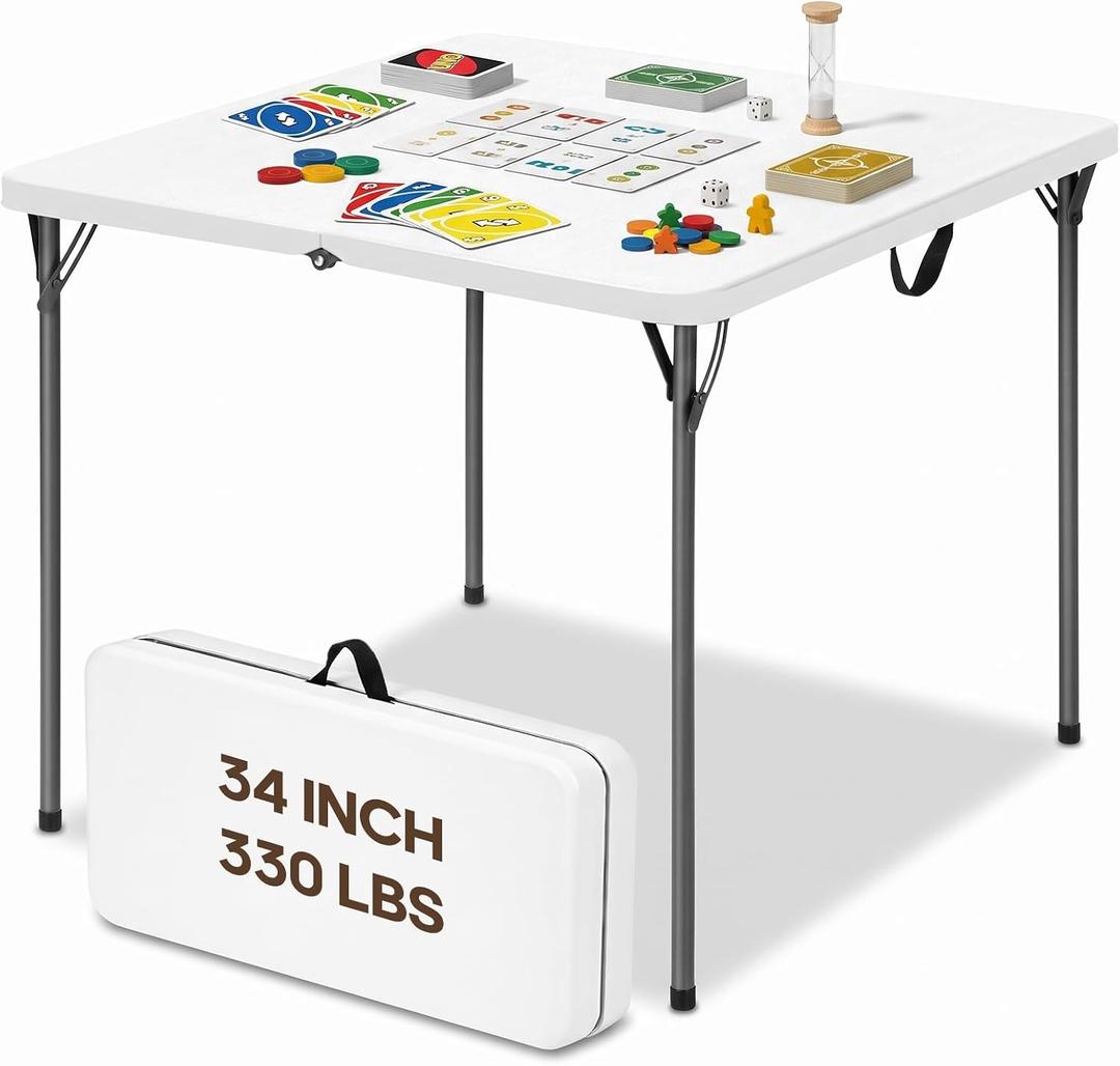 34" Square Folding Card Table, Fold-in-Half Portable Table, White