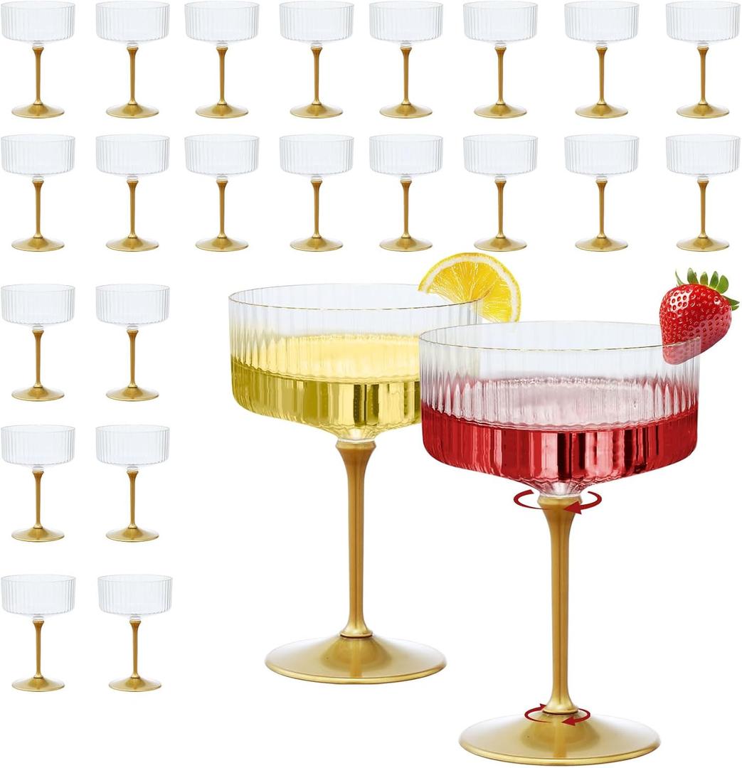 CALBODE 24Pcs Plastic Martini Glasses Disposable 10oz Plasitc Ribbed Coupe Glasses with Gold Rim Unbreakable Champagne Cups for Birthday Party Wedding Anniversary for Mother's Day (Clear)