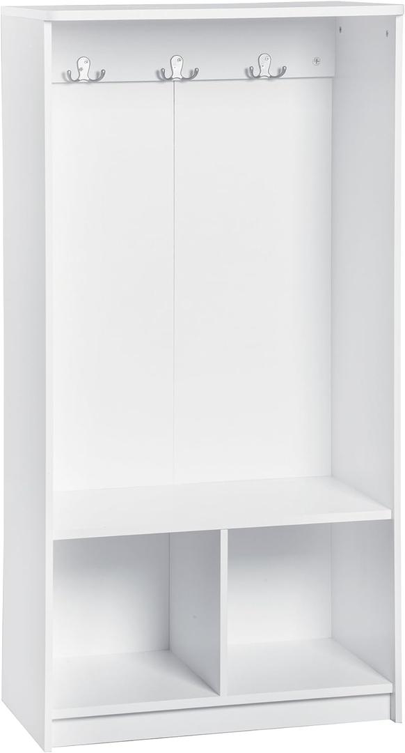 ClosetMaid KidSpace Wood Storage Locker, 2 Cubby Cube Compartments, Open Storage, 3 Hooks, for Coats, Backpacks, Jackets, White Finish