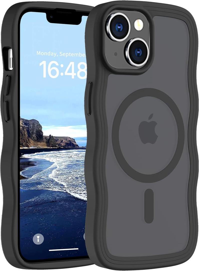 Hualele Magnetic for iPhone 13 & iPhone 14 Case, Compatible with MagSafe, Military Grade Dropproof Translucent Matte Back Cute Curly Wave Edge Slim Phone Case,Black