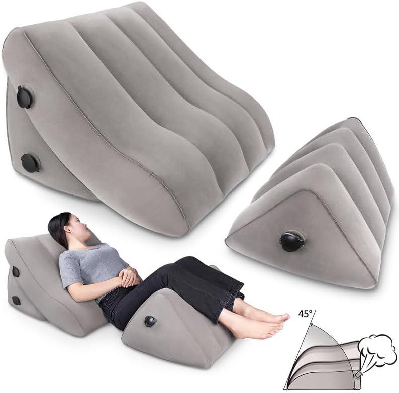 SAHEYER Inflatable Bed Wedge Pillow Set, 2 PCS Post Surgery Support Pillow for Back, Knees, Leg Pain Relief, Adjustable Sitting Pillows for Anti Snoring, Heartburn, GERD Sleeping (Grey)