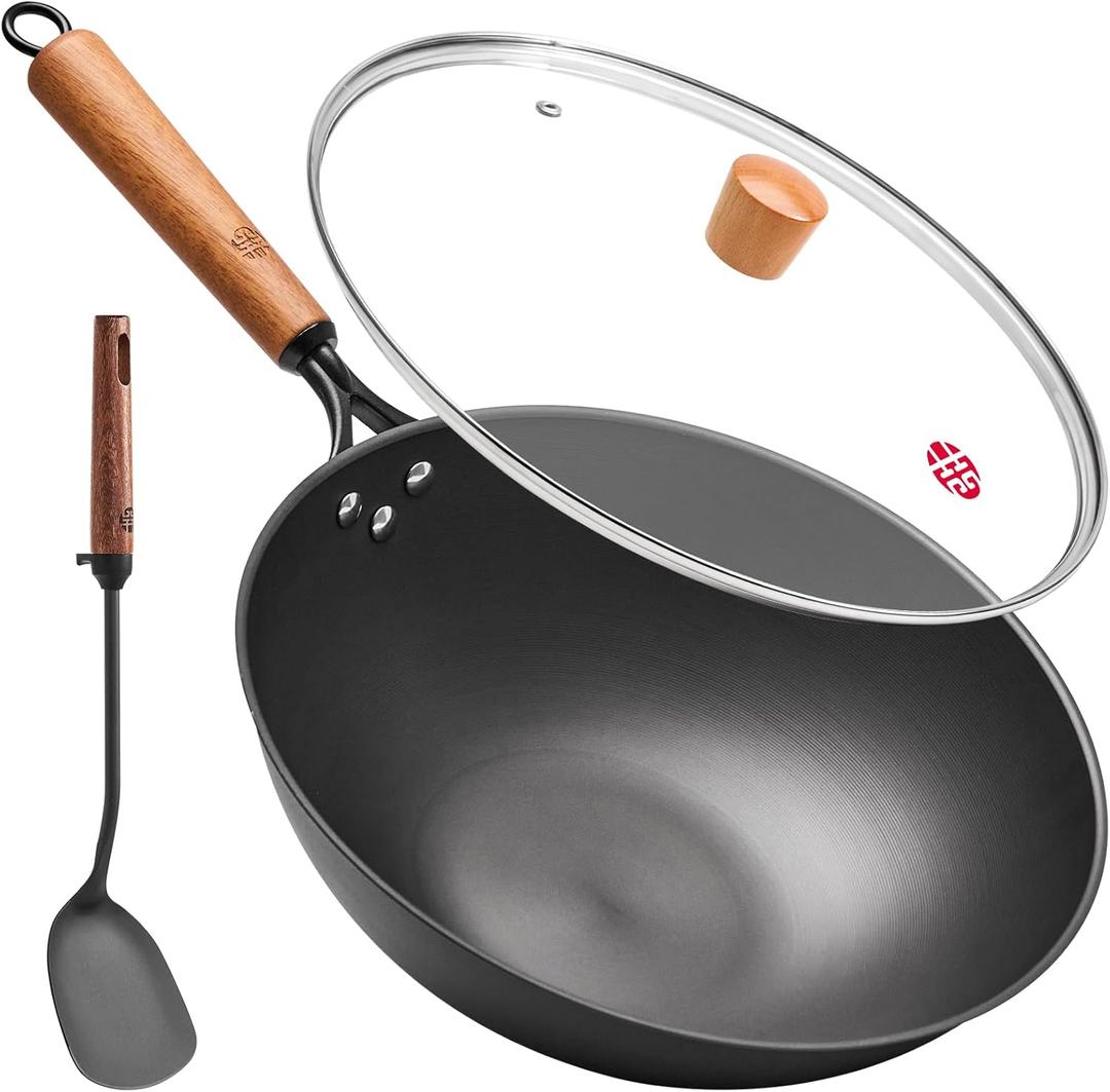 WANGYUANJI 12.6 Inch Iron Wok with Glass Lid, Flat Bottom Stir Fry Pan with Wooden Handle, Non-Coated Naturally Nonstick Skillet, Traditional Chinese Wok for Gas, Electric & Induction Cooking