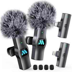 2pcs Dual Receivers Mini Microphone for iPhone 7-16 iPad Android Video Recording,Lavalier Wireless Microphone for Game Live Streaming,Interviews,YouTube,TikTok,Vlog,Gift (for Black-lightning & for Type-c)