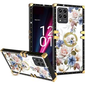 for T-Mobile Revvl 6 Pro 5G Case Gold Squared Corner Luxury Elegant Classic Retro Soft TPU Protective Cover with Ring Grip Kickstand for T-Mobile Revvl 6X Pro Phone Case - White Flower