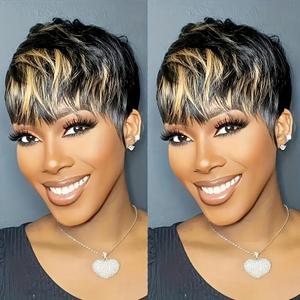 Pixie Cut Wigs for Women 1B/27 Color Short Layered Pixie Human Hair Wigs With Bangs 150% Density Brazilian Virgin Human Hair Glueless Full Machine Made Wigs
