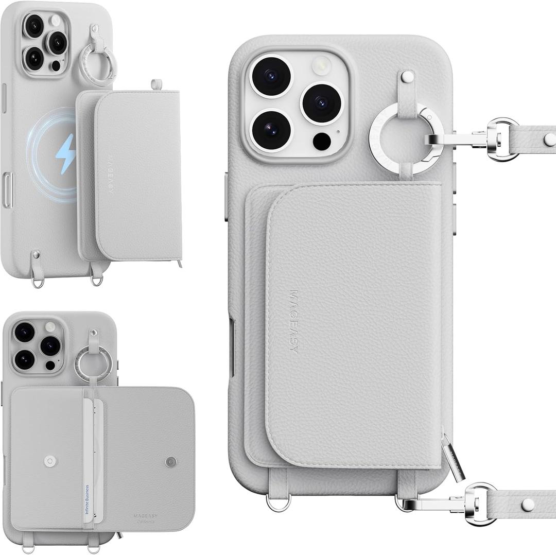 MAGEASY Pouch MagSafe Crossbody Wallet Phone Case for iPhone 16 Pro Max - Removable Wallet with Strap, 16ft Drop Protection, Card Holder & Coin Pocket Magnetic Purse Compatible with MagSafe (Gray)