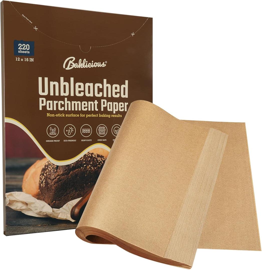 220 Pcs Unbleached Parchment Paper Baking Sheets, Baklicious Pre-cut Heavy Duty Parchment Baking Paper for Air Fryer, Oven, Bakeware, Steaming, Cooking Bread, CupCake, Cookies