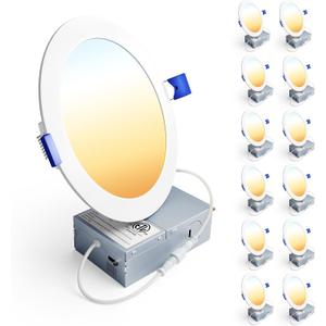 Ensenior 12 Pack 6 Inch LED Recessed Ceiling Light, Dimmable, 2700K-5000K 5CCT, 1200LM 12W 120V, High Brightness Canless Wafer Downlight - ETL&FCC&IC (5000k/4000k/3500k/3000k/2700k - 5cct White)