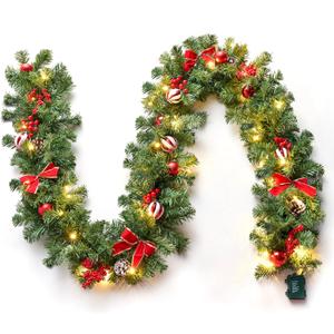 Joiedomi 9Ft Christmas Garland Prelit with Lights, 50 Warm White LED, Xmas Tree Garland with 8 Lighting Modes, Decorated with Pinecones, Bows, Xmas Balls & Berries for Window Indoor Party Decorations