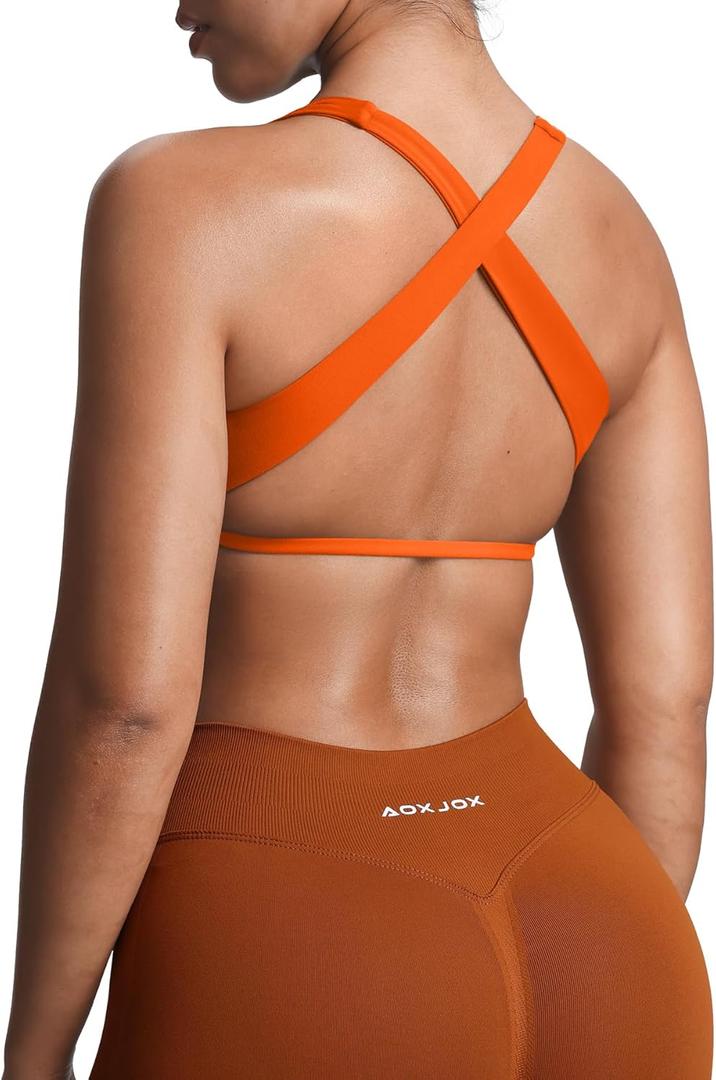 Aoxjox Women's Workout Sports Bras Square Neck Emma Cross Back Fitness Training Gym Bra Yoga Crop Tank (Firecracker, Small)
