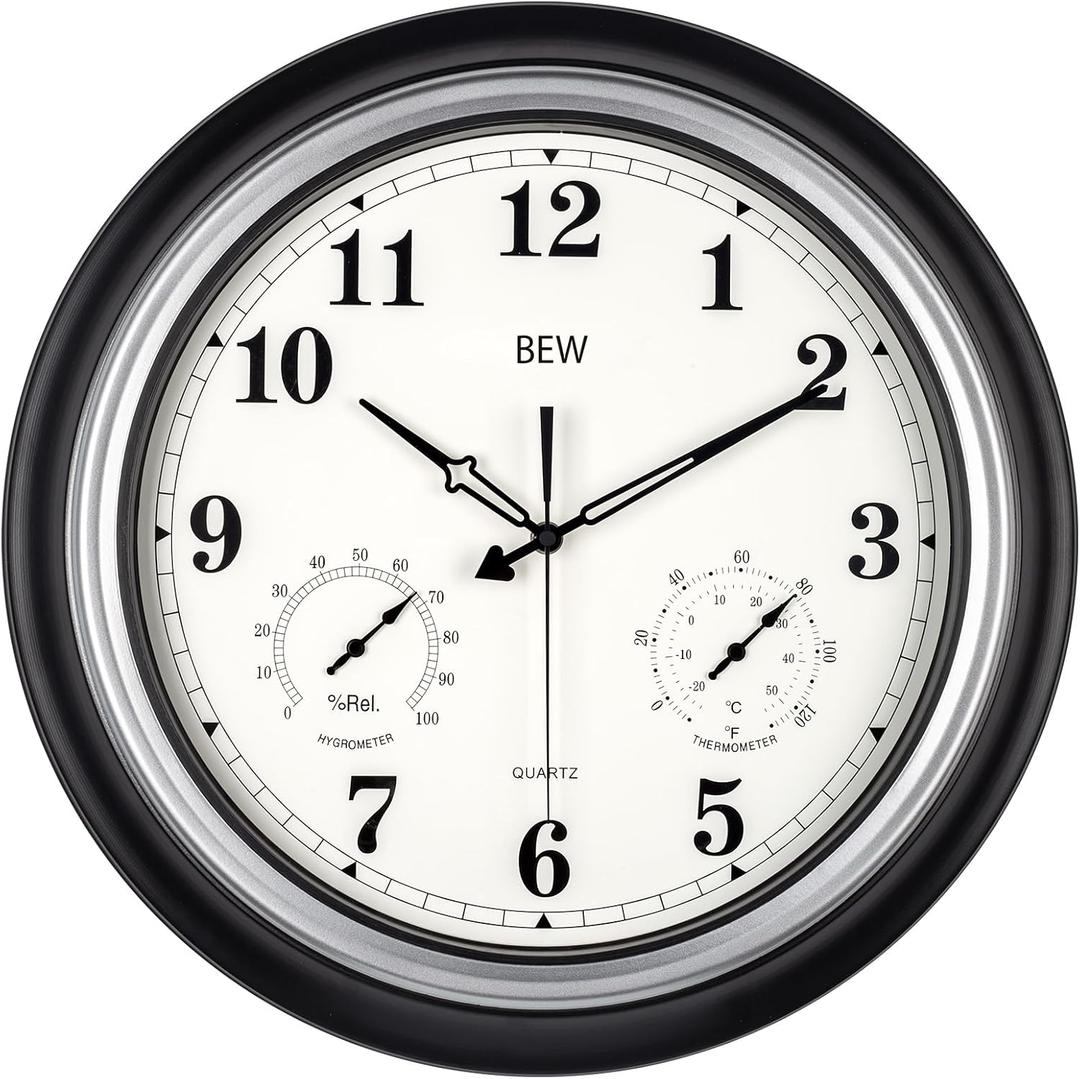 Outdoor Clocks Waterproof, 18 in Large Outdoor Clock for Patio w/Thermometer Hygrometer, Silent Battery Operated Decorative Vintage Wall Clock for Living Room/Bathroom/Pool, Black Silver