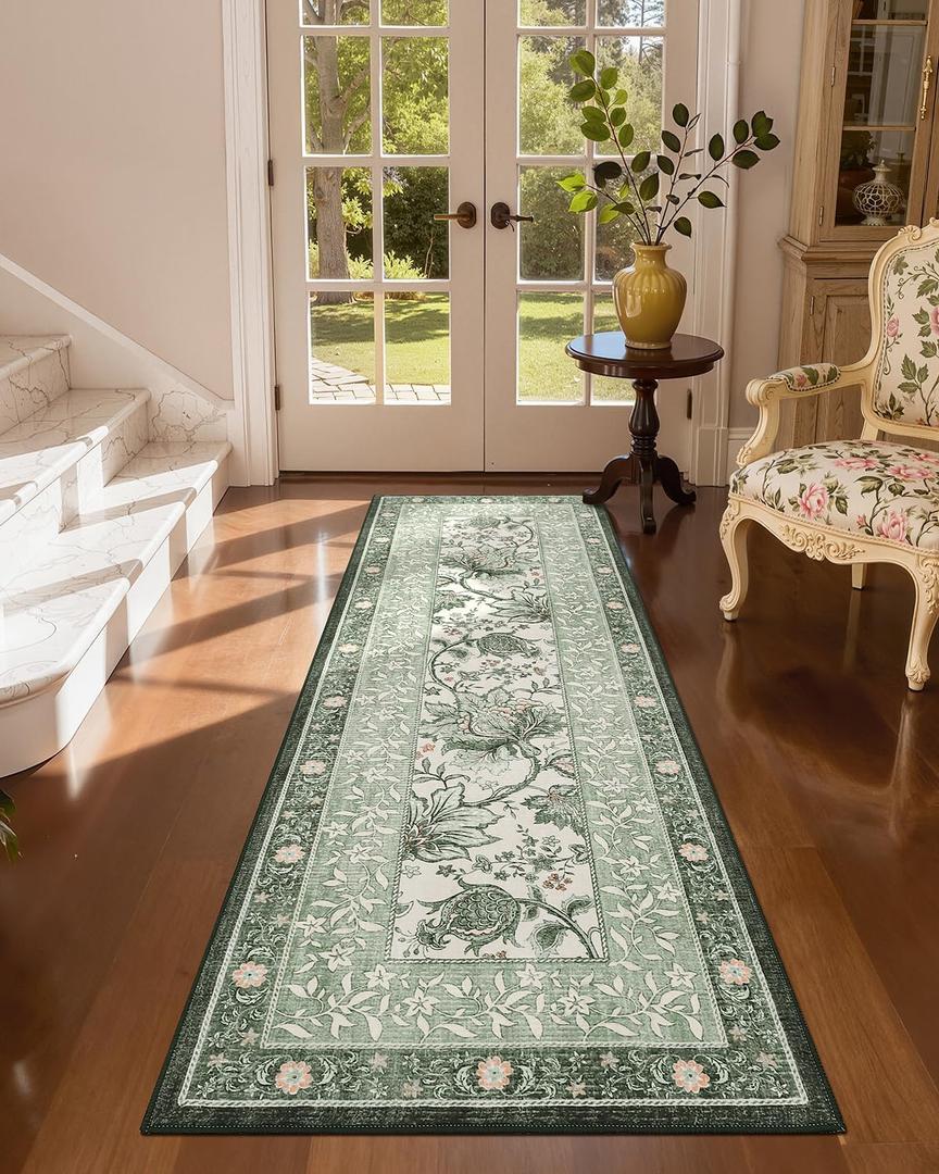 GarveeHome Sage Green 2x6 Washable Kitchen Runner Rugs Non Slip Provence Vintage Boho Cottage Long Rug for Hallways Bedroom Entryway Bathroom Mat with Rubber Back
