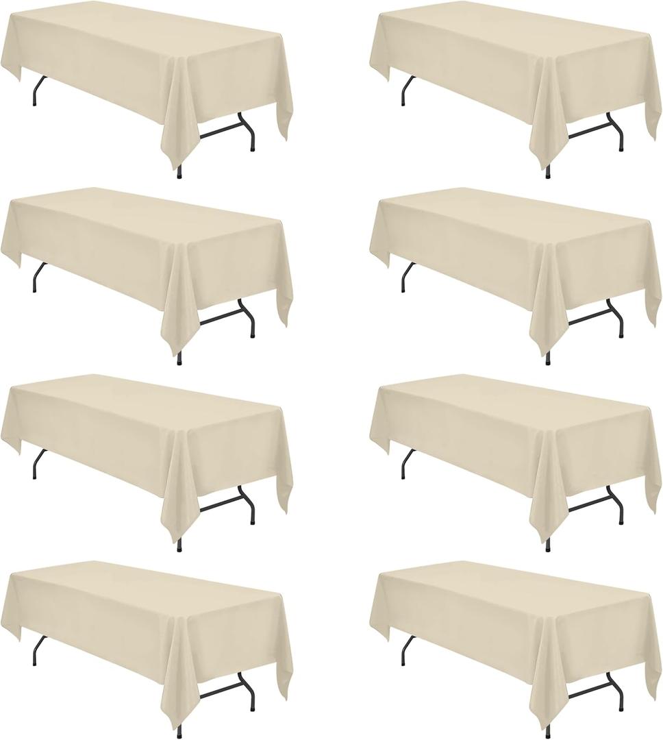 BRILLMAX 8 Pack Beige Tablecloths 60 x 126 Inch for 8ft Rectangle Tables - 150 GSM Polyester Fabric, 15" Standard Drop, Water, Stain & Wrinkle Resistant Cloth Cover for Wedding Banquet Dining Buffet