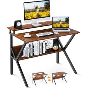 ODK Small Desk, 27.5 Inch Computer Desk for Small Spaces, Compact Desk with Storage, Study Table with Monitor Stand for Home Office, Deep Brown