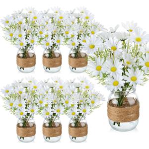 43 Pcs/ 6 Set Daisy Mason Jar Table Centerpiece Mason Jar Vases Faux Floral with Rope Boho Rustic Flower Table Decoration for Reception Engagement Party Bridal Shower Wedding
