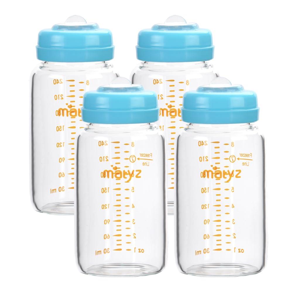 Matyz Glass Breastmilk Storage Bottles, 4 Pack, 8 oz, Sturdy Glass Bottle for Milk Freezing and Baby Feeding  Large Pumping Bottle for Philips Medela Spectra Breast Pumps  No BPA (Blue Lids)