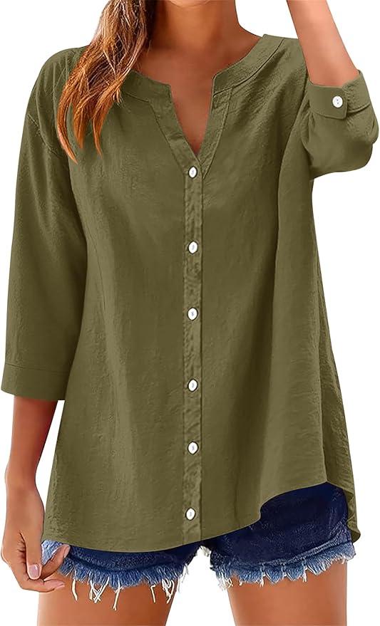 LOMON Womens 3/4 Sleeve Button Down Shirts Cotton Linen Roll Up Short Sleeve Tops V Neck Casual Loose Fit Blouses L