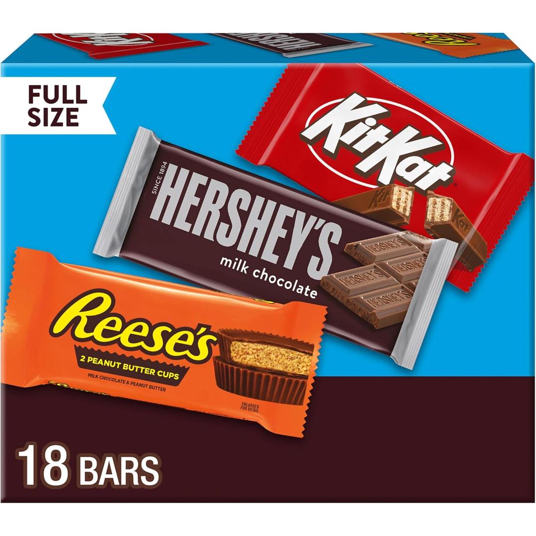 HERSHEY'S, KIT KAT and REESE'S Assorted Milk Chocolate Candy Variety Box, 27.3 oz (18 Count) (EXP 10/31/26)