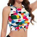 WOWENY High Neck Bikini Top Tie Knot Front Crop Top Tankini Swimsuit Swim Tops Only (Medium, 2146-color Block)