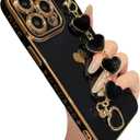 Caseative for iPhone 15 Pro Max Case,Cute Plating Love Heart Wrist Strap Chain Bracelet Phone Case (Black)