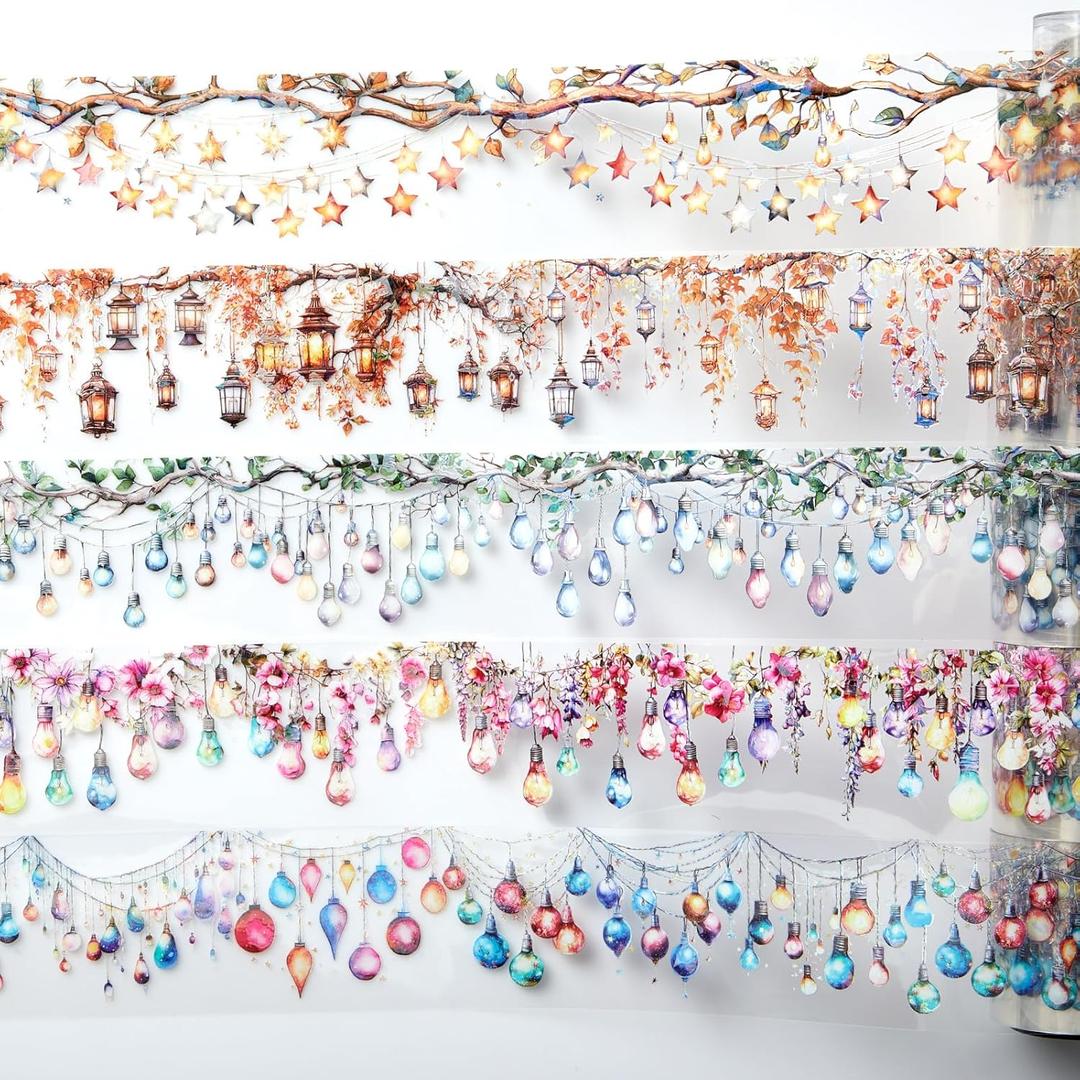 Gilprop 5 Rolls Lighting Washi PET Tape Set Laser Light Bulb Scrapbook Junk Journal Supplies, Clear Decorative Tape Stickers DIY for Arts Crafts Bullet Planner, 50mm Wide x 78. 74 Inch Long/roll