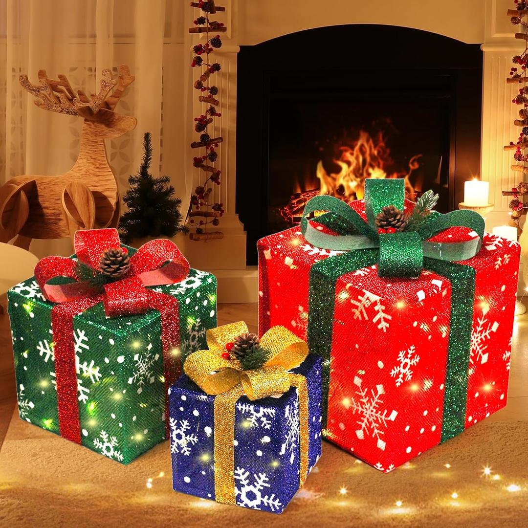 Set of 3 Christmas Lighted Gift Boxes, Pre-lit 60 LED Light Up Present Boxes with Ribbon Bows, Pine Cone & Red Berry, Battery Operated Gift Box for Xmas Tree, Yard, Home, Indoor Outdoor Holiday Decor