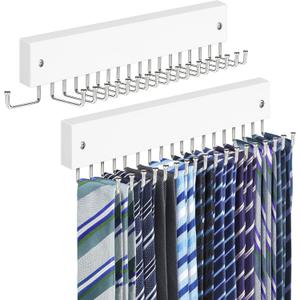 Tie Rack Belt Hanger Wall Mounted, Lomrsiul Non Slip 180 Degree Rotating Tie Organizer for Men Closet with 18 Hooks Closet Organizers and Storage for Tie Belt Necklace Purse Scarf Bag, White, 2 Pack
