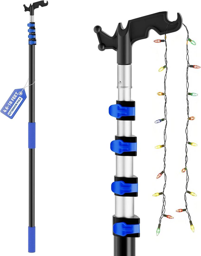 4.618 FT Christmas Light Pole Hanger Tool with Utility Hook, Adjustable Telescoping Extension Pole for Hanging Christmas Lights, String & Holiday Lights Installation, Lightweight & Sturdy -Blue