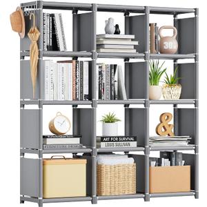 Mavivegue Book Shelf, 12 Cube Storage Organizer, DIY Bookcase, Metal Cube Bookshelf,Tall Book case for Bedroom, Living Room,Office,Closet Storage Organizer, Grey Cubicle Storage Rack