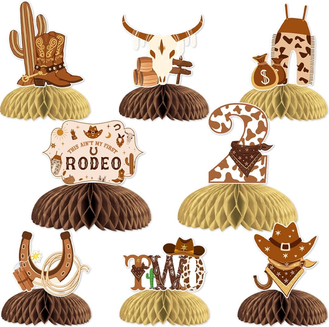 8Pcs Cowboy 2nd Birthday Honeycomb Centerpieces with Western Boots Cactus Hat Printed, This Ain't My First Rodeo It's My Second Birthday Party Decorations Supplies