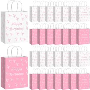 Kolldenn 30 Pack Pink Bow Birthday Party Paper Bags with Handles Kraft Gift Wrap Bags for Coquette Bow Party Favors Grocery Goody Snacks Decoration Supplies