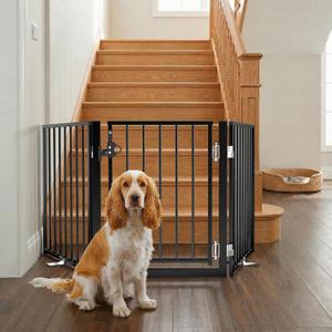 BFNN Metal Free Standing Dog Gate, 60" Extra Wide Foldable Pet Gate with Walk-Thru Door, Double-Locking Puppy Fence for Doorways, Stairs, Hallways, No Drill Heavy Duty Barrier for Dogs (Black)
