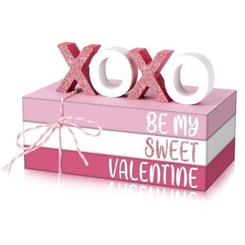 Chenkaiyang 2 Pcs Pink Valentine's Day Tiered Tray Decor Bundle, Rustic Wood Decorative Book Stack,Be My Sweet Valentine Love Table Sign with Twine for Farmhouse Shelf Home Tiered Tray Decor(Pink) (6"L x 4.2"W x 0.4"H)