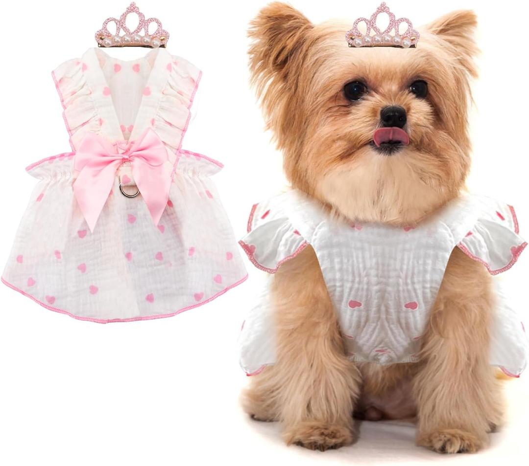 Dog Dresses for Small Dogs Girl, Puppy Dress Heart Print Cat Dress Summer Clothes Bow Skirt with Crown Hair Clip, Small Dog Dresses Female Cat Apparel Holiday Pet Outfit for Birthday Wedding