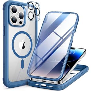 Miracase Magnetic for iPhone 14 Pro Case 6.1 inch, (Compatible with MagSafe) Upgrade Full-Body Clear Phone Bumper Case with Built-in 9H Tempered Glass Screen Protector, Magnetic Capri Blue