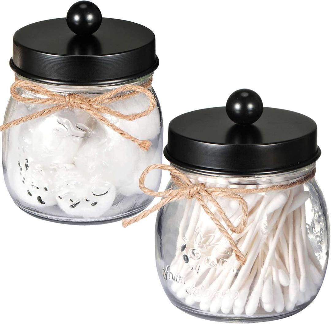SheeChung 2 Pack Qtip Holders, Black Bathroom Decor, Cotton Swab Holders, Bathroom Jars, Restroom Decor for Cotton Balls, Pads, Floss Picks - Black