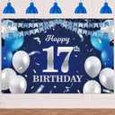Happy 17th Birthday Banner Backdrop Blue Sliver Balloons Stripe Flag Light Spots Cheers to 17 Years Old Theme Decorations Decor for Girls Boys 17th Birthday Party Bday Supplies Background Glitter