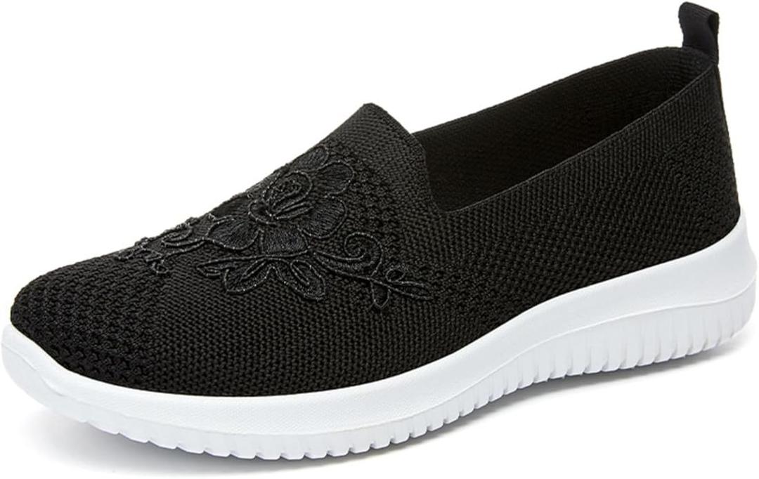 Myallfeet Women's Slip-On Knit Mesh Loafers Lightweight and Comfortable Breathable Mesh Walking Shoe Casual Embroidered Flat Loafers, 37